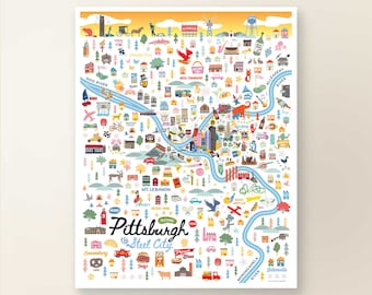 PITTSBURGH PA Map Art Wall Decor | City Map Pittsburgh Pennsylvania | Art Print Poster | Whimsical Illustration | Day Version