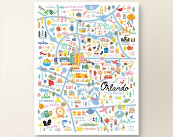 ORLANDO FL Map Art Wall Decor | City Map Orlando Florida | Art Print Poster | Whimsical Illustration | Day Version