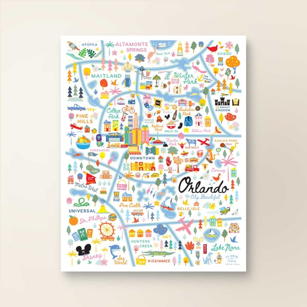 ORLANDO FL carte Art décoration murale | Plan de la ville d'Orlando en Floride | Affiche d'impression d'art | Illustration fantaisiste | Version jour