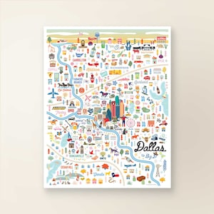 DALLAS TX Map Art Wall Decor | City Map Dallas Texas | Art Print Poster | Whimsical Illustration | Day Version