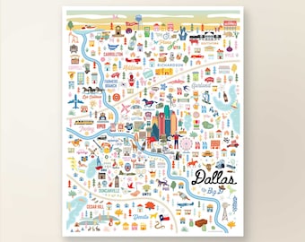 DALLAS TX Map Art Wall Decor | City Map Dallas Texas | Art Print Poster | Whimsical Illustration | Day Version