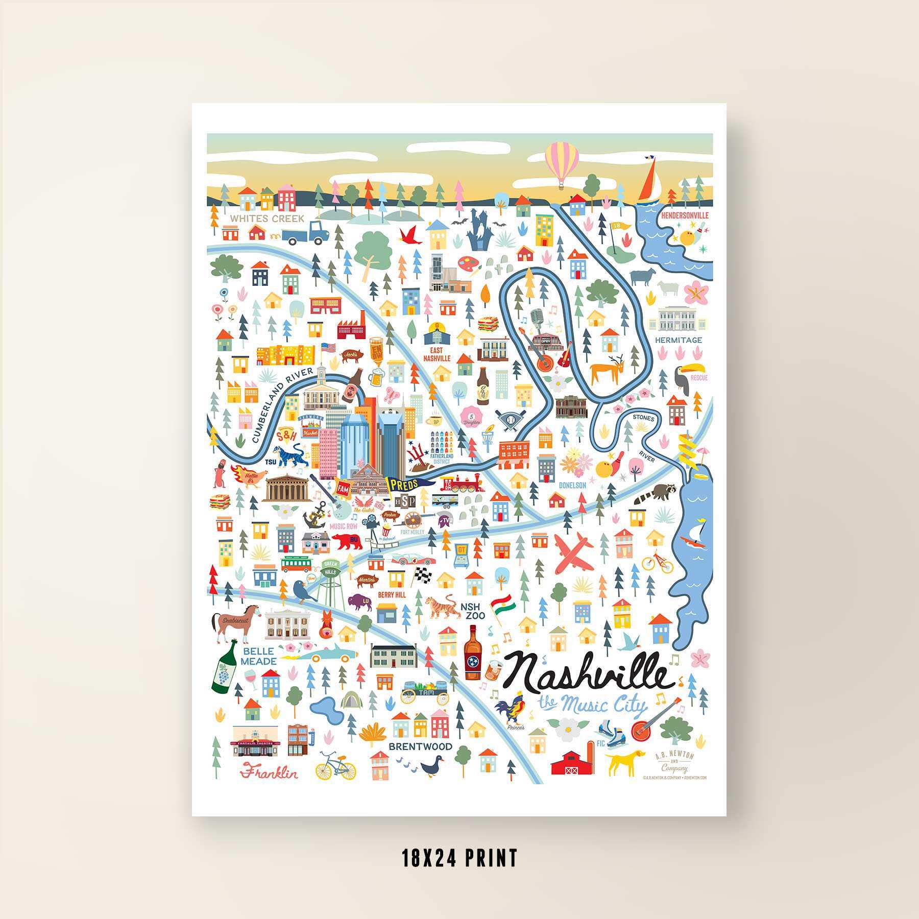 NASHVILLE TN Map Art Wall Decor | City Map Nashville Tennessee | Art Print  Poster | Whimsical Illustration | Day Version - Etsy Israel, image size:1800x1800