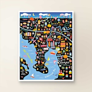TAMPA FL Karte Kunst Wanddekoration | Florida Stadtplan Tampa | Kunstdruck POSTER | Skurrile Illustration | Nacht Version