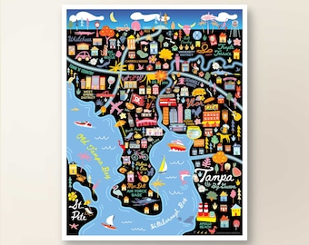 TAMPA FL Map Art Wall Decor | City Map Tampa Florida | Art Print Poster | Whimsical Illustration | Night Version