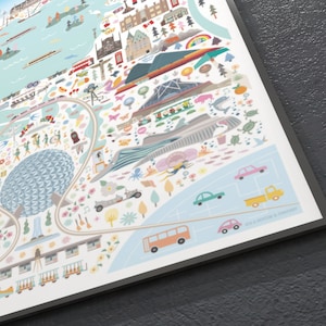 May include: A colorful illustrated map of a city with a variety of landmarks, buildings, and transportation. The map features a large, blue, geodesic dome in the center, surrounded by a network of roads, parks, and other attractions. The map is filled with whimsical details, including cars, buses, trains, and people.