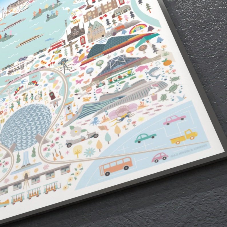 May include: A colorful illustrated map of a city with a variety of landmarks, buildings, and transportation. The map features a large, blue, geodesic dome in the center, surrounded by a network of roads, parks, and other attractions. The map is filled with whimsical details, including cars, buses, trains, and people.