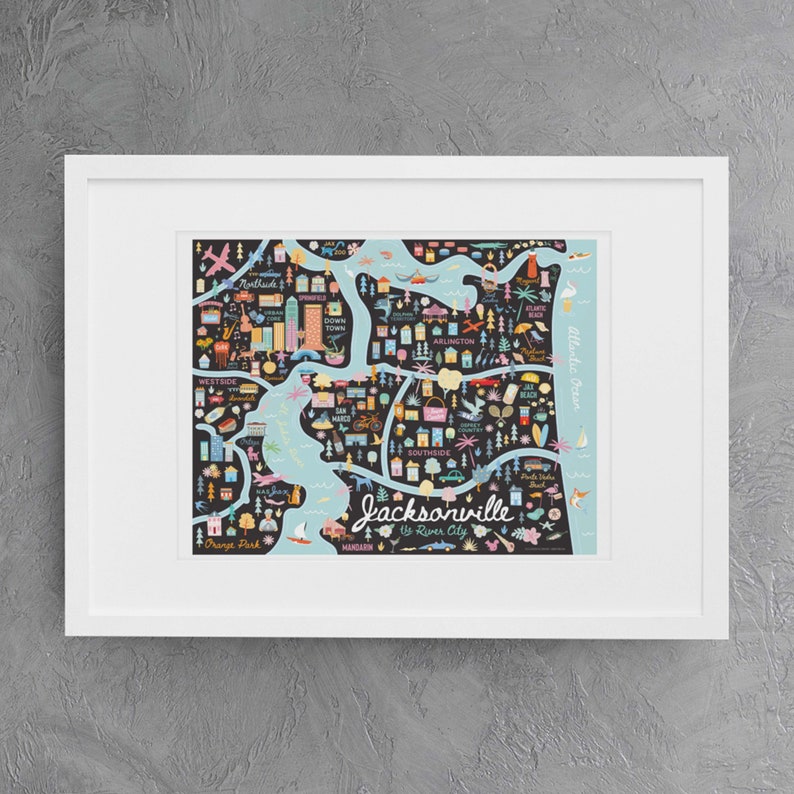 JACKSONVILLE FL Map Art Wall Decor City Map Jacksonville Florida Art Print Poster Whimsical Illustration Night Version 22x28 inch