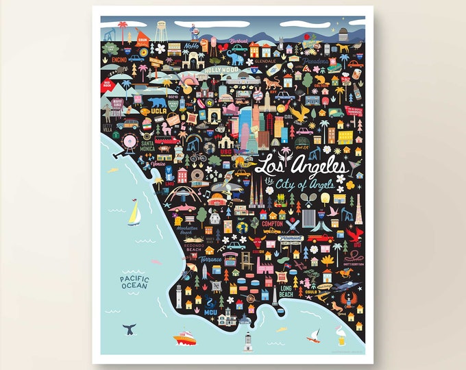 LOS ANGELES CA Map Art Wall Decor | City Map Los Angeles California | Art Print Poster | Whimsical Illustration | Night Version