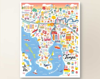 TAMPA FL Mapa Arte Decoración de pared / Mapa de la ciudad Tampa Florida / Póster de impresión de arte / Ilustración caprichosa / Versión de día