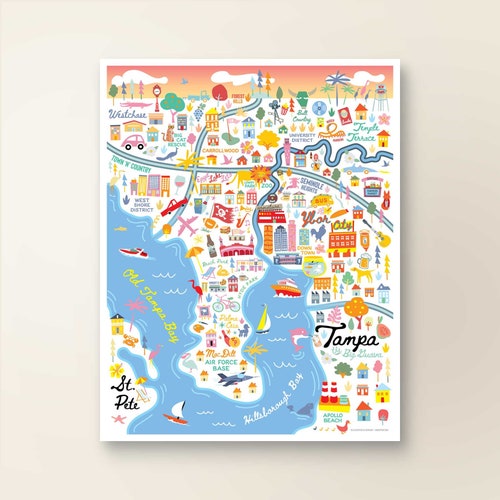 TAMPA FL carte Art décoration murale | Plan de la ville de Tampa en Floride | Affiche d'impression d'art | Illustration fantaisiste | Version jour