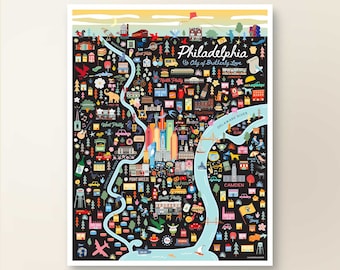 PHILADELPHIA PA Map Art Wall Decor | City Map Philadelphia Pennsylvania | Art Print Poster | Whimsical Illustration | Night Version