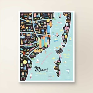 MIAMI FL kaartkunst muurdecoratie | Stadsplan Miami, Florida | Poster kunstafdruk | Grillige illustratie | Nachtversie: