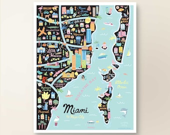 MIAMI FL Map Art Wall Decor | Miami Florida Stadtplan | Kunstdruck POSTER | Skurrile Illustration | Nacht Version