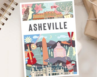 ASHEVILLE NC 5x7 Postcard | City Map Art Asheville North Carolina | Montage Series | Whimsical Illustration | Day Version