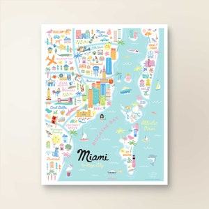 Decoración de pared con mapa de Miami FL / Mapa de la ciudad de Miami Florida / Póster con impresión artística / Ilustración extravagante / Versión diurna