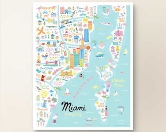 MIAMI FL Map Art Wall Decor | City Map Miami Florida | Art Print Poster | Whimsical Illustration | Day Version