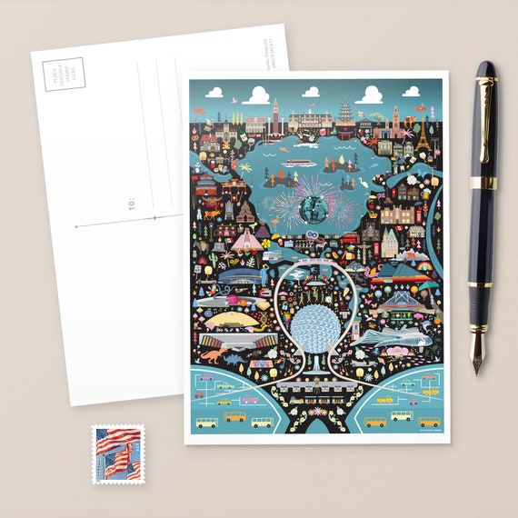 EPCOT 5x7 Postcard Walt Disney World Epcot Whimsical Map | Etsy