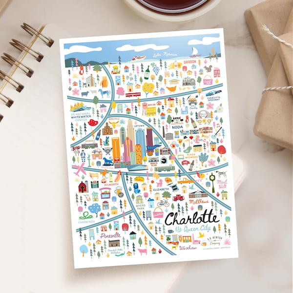 CHARLOTTE NC 5x7 Postcard | City Map Art Charlotte North Carolina | City Series | Whimsical Illustration | Day Version