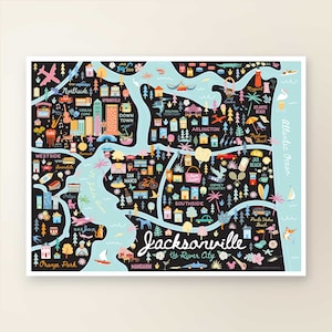 JACKSONVILLE FL kaartkunst muurdecoratie | Stadsplan Jacksonville, Florida | Poster kunstafdruk | Grillige illustratie | Nachtversie: