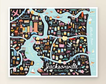 JACKSONVILLE FL Map Art Wall Decor | City Map Jacksonville Florida | Art Print Poster | Whimsical Illustration | Night Version