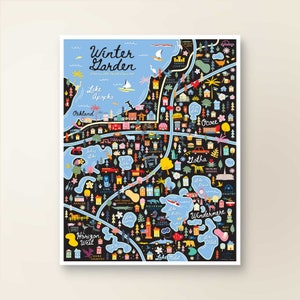 Väggdekoration med karta över West Orange, Florida | Stadskarta över West Orange, Florida | Konsttryck, affisch | Nyckfull illustration | Nattversion