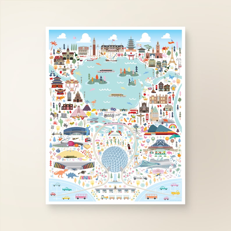 May include: A colorful illustrated map of a theme park with a large, silver geodesic dome in the center. The map features various attractions, rides, and landmarks, including a castle, a pagoda, a rocket ship, and a train. The map is surrounded by a blue border and a white background.
