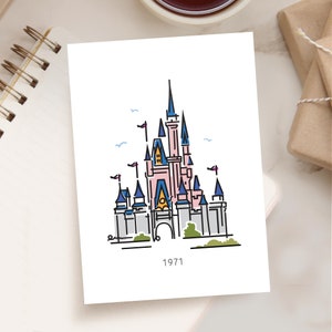 May include: A line drawing of Cinderella's Castle, a pink and blue castle with a tall pointed spire, surrounded by green bushes. The castle is set against a white background with a few blue birds flying in the sky. The year 1971 is printed below the castle.