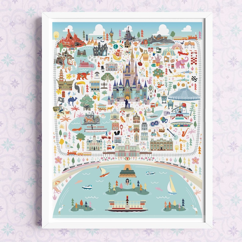MAGIC KINGDOM Poster Walt Disney World Magic Kingdom Whimsical Map Walt Disney World Wall Decor Disney Art Print 30x40 inch