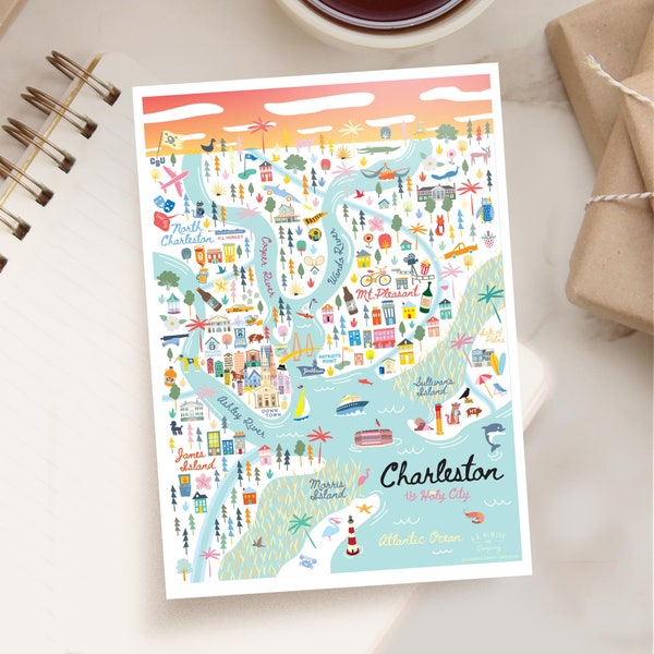 CHARLESTON SC 5x7 Postcard | City Map Art Charleston South Carolina | City Series | Whimsical Illustration | Day Version