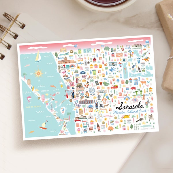 SARASOTA FL 5x7 Postcard | City Map Art Sarasota Florida | City Series | Whimsical Illustration | Day Version