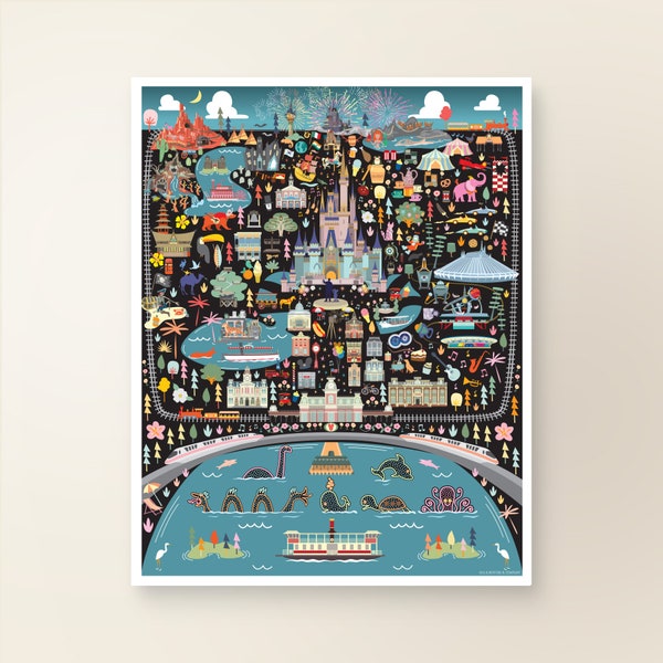 MAGIC KINGDOM Map Art | Magic Kingdom Whimsical Map | Walt Disney World Wall Decor Illustration Poster | Disney Art | Night Version