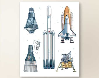 SPACE COLLAGE | Art Wall Decor | Space Travel Print Series | Poster Print | Sketch Illustration