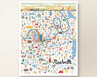 NASHVILLE TN Map Art Wall Decor | City Map Nashville Tennessee | Art Print Poster | Whimsical Illustration | Day Version