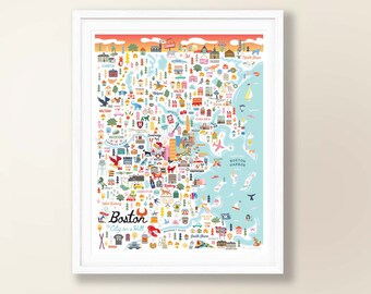 BOSTON MA Map Art Wall Decor | City Map Boston Massachusetts  | Art Print Poster | Whimsical Illustration | Day Version