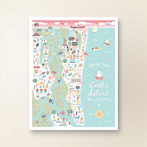 AMELIA ISLAND FL Karte Kunst Wanddekoration | Stadtplan Amelia Island Florida | Kunstdruck POSTER | Skurrile Illustration | Day Version