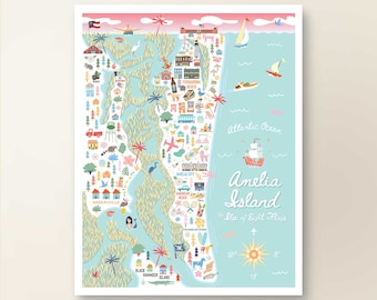 AMELIA ISLAND FL Map Art Wall Decor | City Map Amelia Island Florida | Art Print Poster | Whimsical Illustration | Day Version