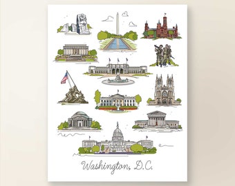 WASHINGTON D.C. Collage | Art Wall Decor | Washington D.C. Iconic Landmark Series | Poster Print | Sketch Illustration