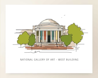 NGA West Building  | Art Wall Decor | Washington D.C. Iconic Landmark Series | Poster Print | Sketch Illustration