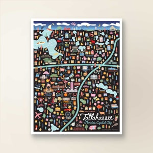 May include: A colorful illustrated map of Tallahassee, Florida, with landmarks and points of interest. The map features a black background with colorful buildings, trees, and other details. The text "Tallahassee, Florida's Capital City" is featured at the bottom of the map.