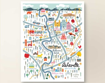 ASHEVILLE NC Map Art Wall Decor | City Map Asheville North Carolina | Art Print Poster | Whimsical Illustration | Day Version