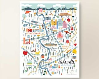 ASHEVILLE NC Map Art Wall Decor | City Map Asheville North Carolina | Art Print Poster | Whimsical Illustration | Day Version