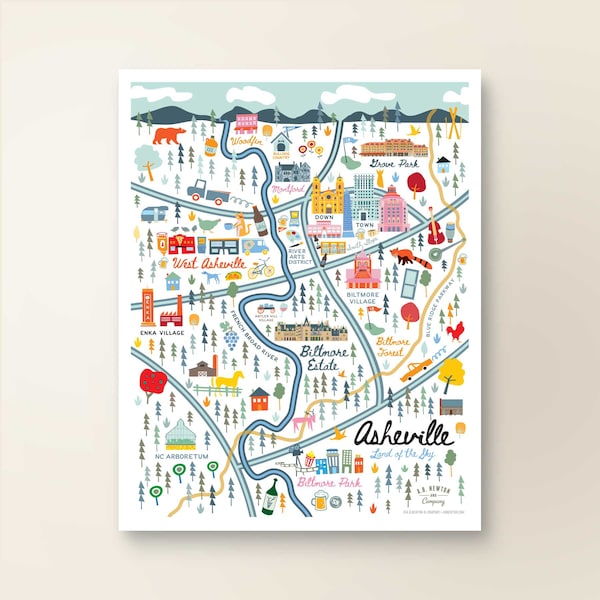 ASHEVILLE NC Map Art Wall Decor | City Map Asheville North Carolina | Art Print Poster | Whimsical Illustration | Day Version