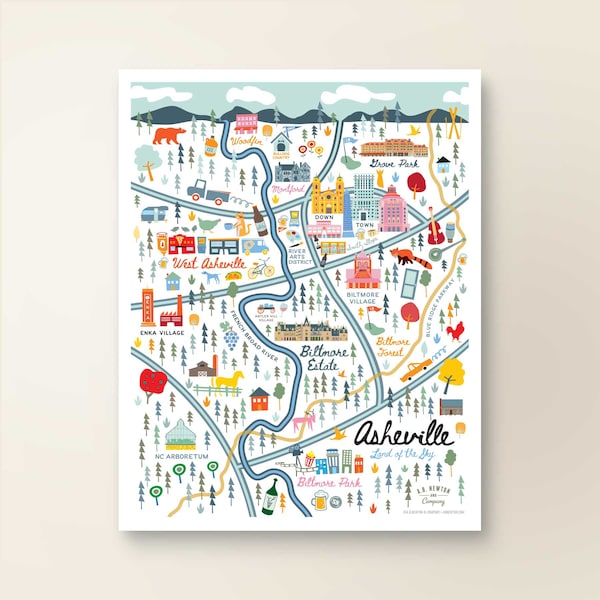 ASHEVILLE NC Map Art Wall Decor Poster | City Map Asheville North Carolina | Art Print Poster | Whimsical Illustration | Day Version