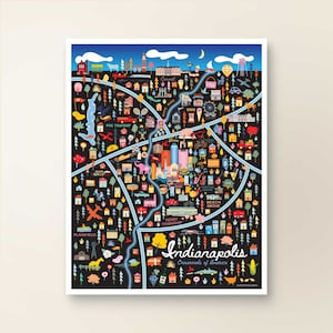 INDIANAPOLIS IN Map Art Wall Decor | City Map Indianapolis Indiana | Art Print Poster | Whimsical Illustration | Night Version