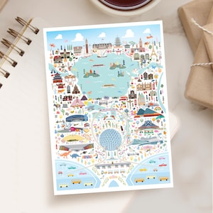 May include: A colorful illustrated map of a theme park with a large blue dome in the center. The map features various attractions, buildings, and transportation options, including a monorail, buses, and a train. The map is surrounded by a blue border and a light blue sky.