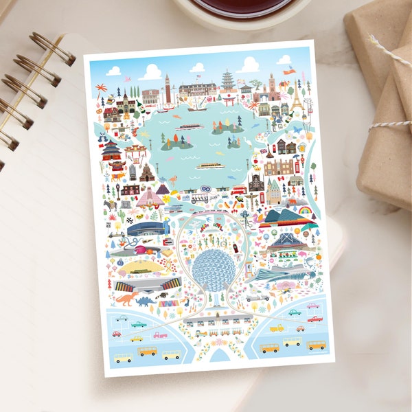 EPCOT 5x7 Postcard | Walt Disney World Epcot Whimsical Map | Theme Park Series | Whimsical Illustration | Day Version