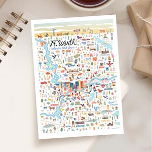 May include: A colorful illustrated map of Fort Worth, Texas, with the text "Ft. Worth Where the West Begins." The map features various icons representing landmarks, buildings, and local attractions, including a windmill, horses, and airplanes. The map is on a white background.