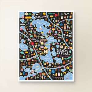 WINTER PARK FL Karte Kunst Wanddekoration | Winter Park Florida Stadtplan | Kunstdruck POSTER | Skurrile Illustration | Nacht Version