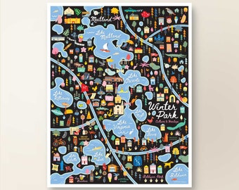 WINTER PARK FL Map Art Wall Decor | City Map Winter Park Florida | Art Print Poster | Whimsical Illustration | Night Version
