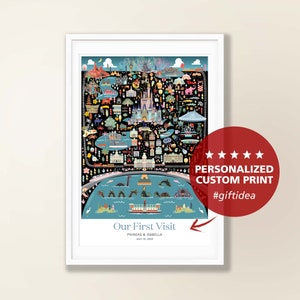 Gepersonaliseerde kaartafdruk MAGIC KINGDOM | Themapark | Vintage kunststijl | Disney-feestcadeau | Gepersonaliseerde cadeauafdruk op maat | Nacht